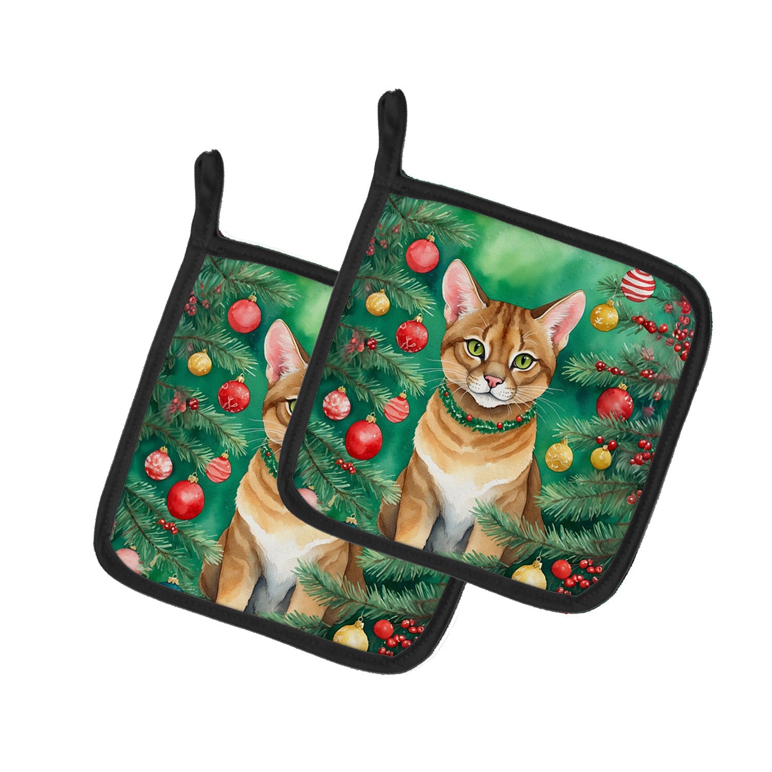 Chausie Cat By the Christmas Tree Pot Holder Set of 2 Heat Resistant Quilted Hot Pads 7.5 x 7.5 Inch, Insulated Kitchen Trivets for Cooking & Baking