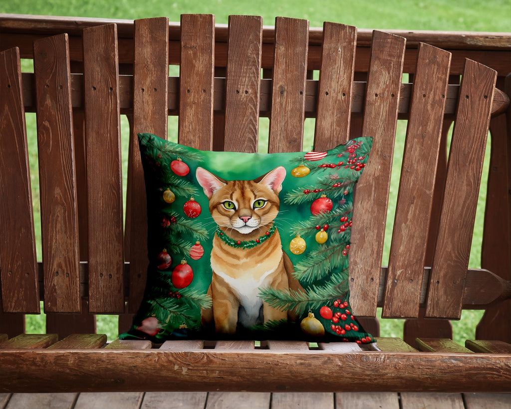 Chausie Cat By the Christmas Tree Decorative Throw Pillow 14x14 Indoor Outdoor Accent Cushion, Fabric Cover with Insert for Sofa, Bed, Porch & Living Room