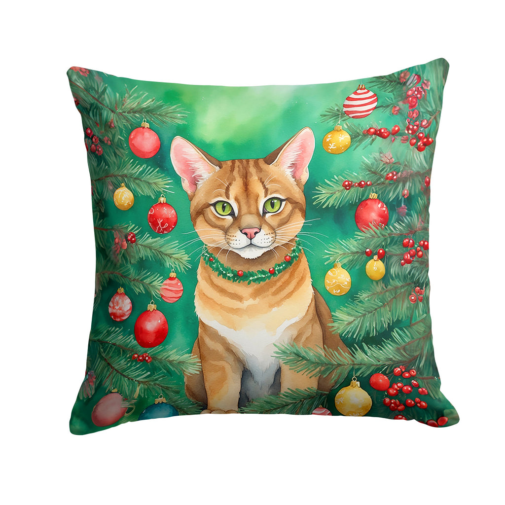 Chausie Cat By the Christmas Tree Decorative Throw Pillow 14x14 Indoor Outdoor Accent Cushion, Fabric Cover with Insert for Sofa, Bed, Porch & Living Room