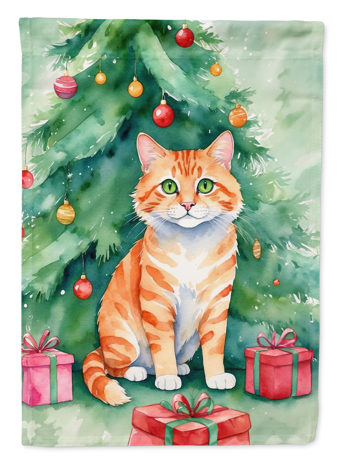 Cheetoh Cat By the Christmas Tree House Flag 28x40 Porch Sleeve Pole Decorative Outside Yard Banner Artwork Wall Hanging, Polyester