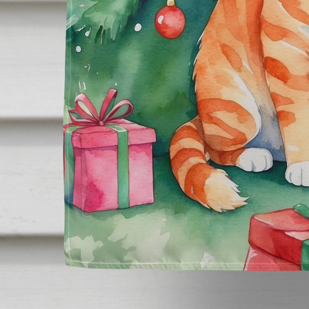 Cheetoh Cat By the Christmas Tree House Flag 28x40 Porch Sleeve Pole Decorative Outside Yard Banner Artwork Wall Hanging, Polyester