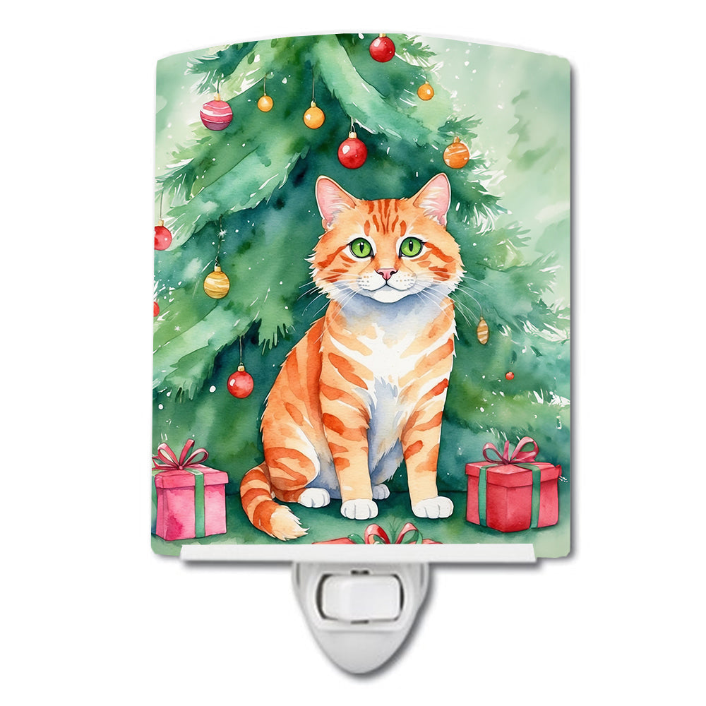 Cheetoh Cat By the Christmas Tree Ceramic Night Light Compact, UL-Certified, Ideal for Bedroom, Bathroom, Nursery, Hallway, Kitchen, 6x4x3, Multicolor
