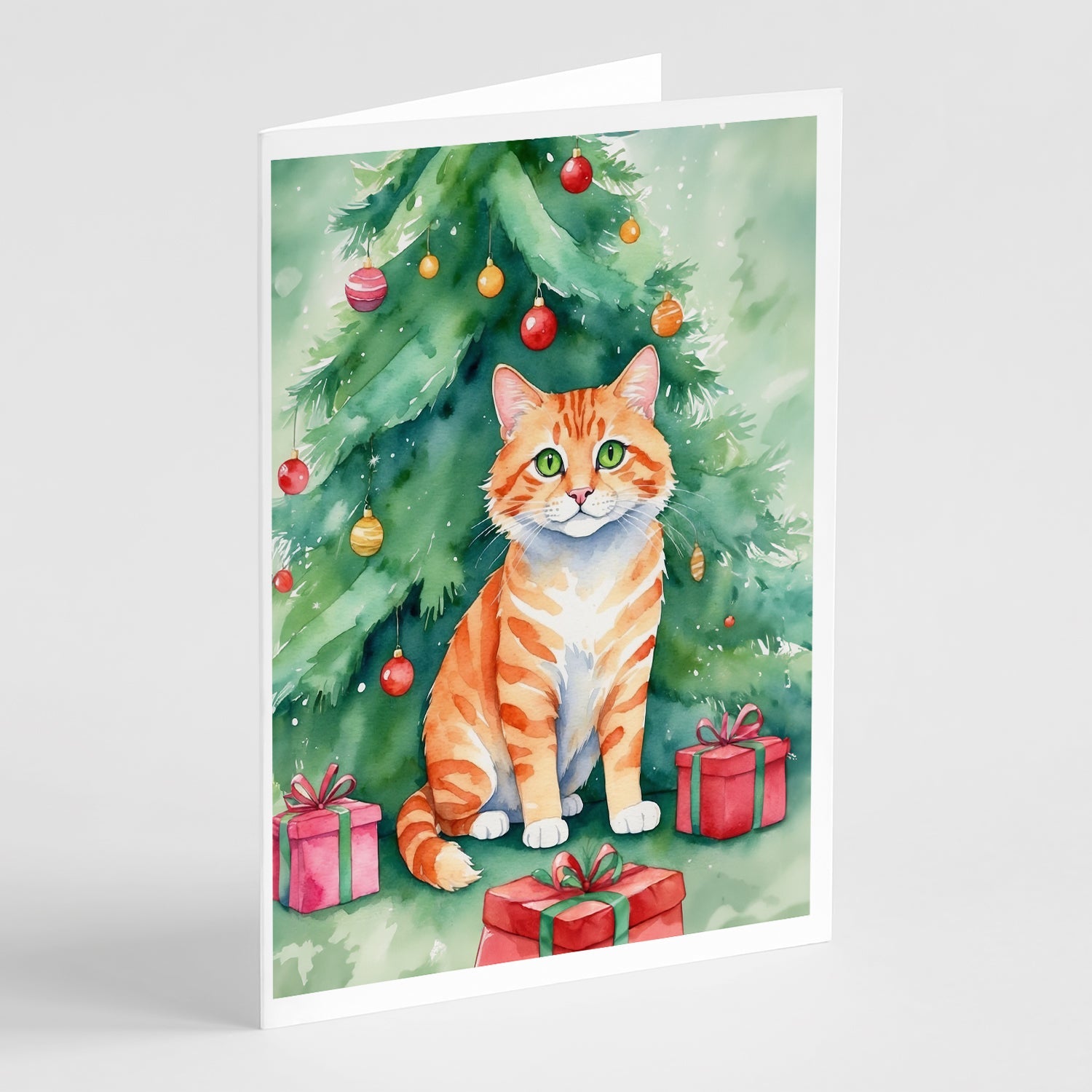 Cheetoh Cat By the Christmas Tree Greeting Cards Pack of 8 Blank Cards with Envelopes Whimsical A7 Size 5x7