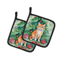 Cheetoh Cat By the Christmas Tree Pot Holder Set of 2 Heat Resistant Quilted Hot Pads 7.5 x 7.5 Inch, Insulated Kitchen Trivets for Cooking & Baking
