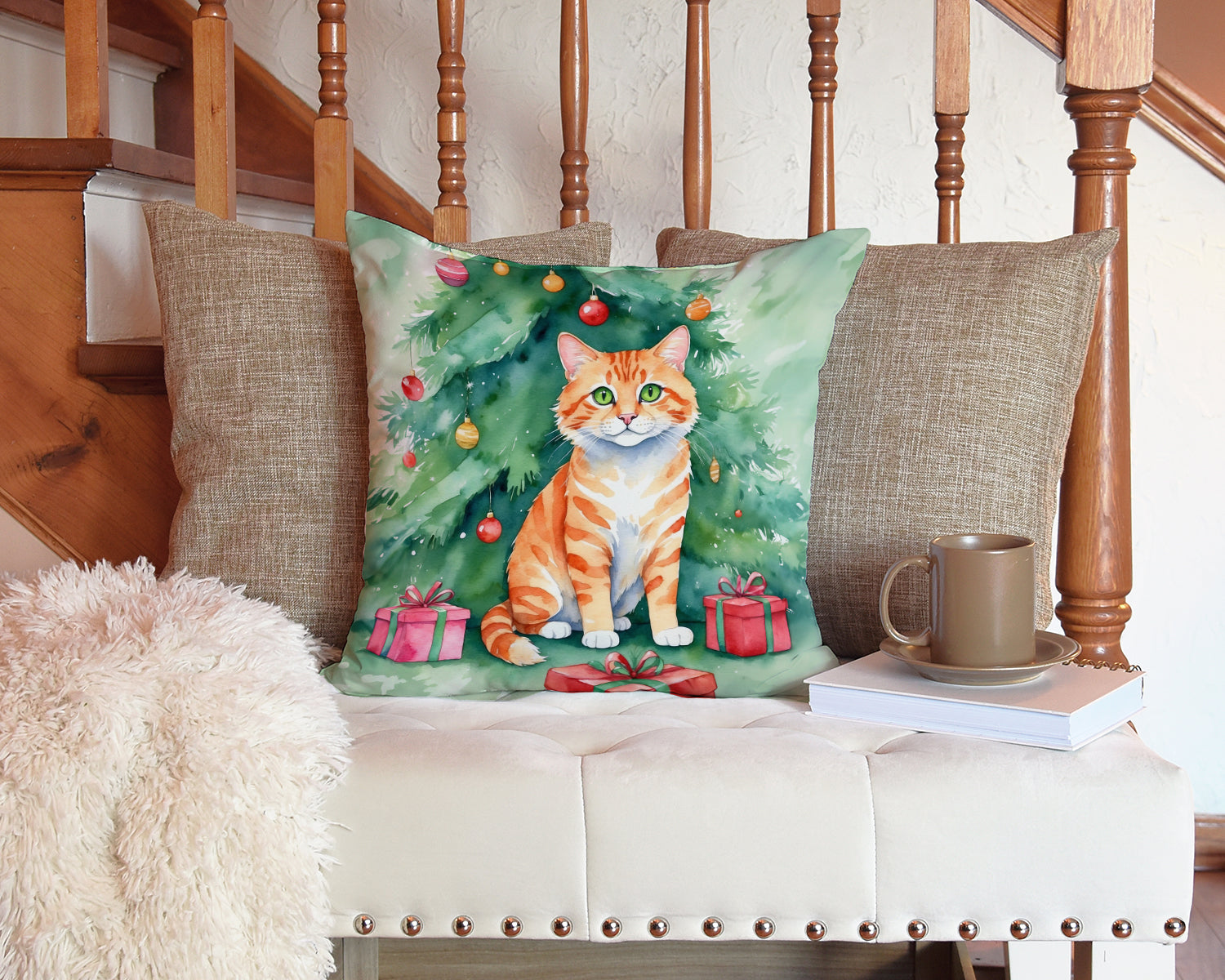 Cheetoh Cat By the Christmas Tree Decorative Throw Pillow 14x14 Indoor Outdoor Accent Cushion, Fabric Cover with Insert for Sofa, Bed, Porch & Living Room