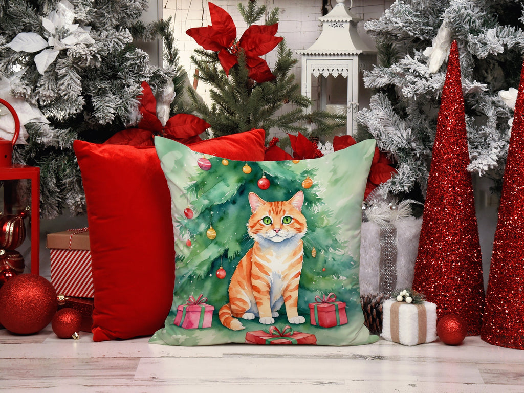 Cheetoh Cat By the Christmas Tree Decorative Throw Pillow 18x18 Indoor Outdoor Accent Cushion, Fabric Cover with Insert for Sofa, Bed, Porch & Living Room