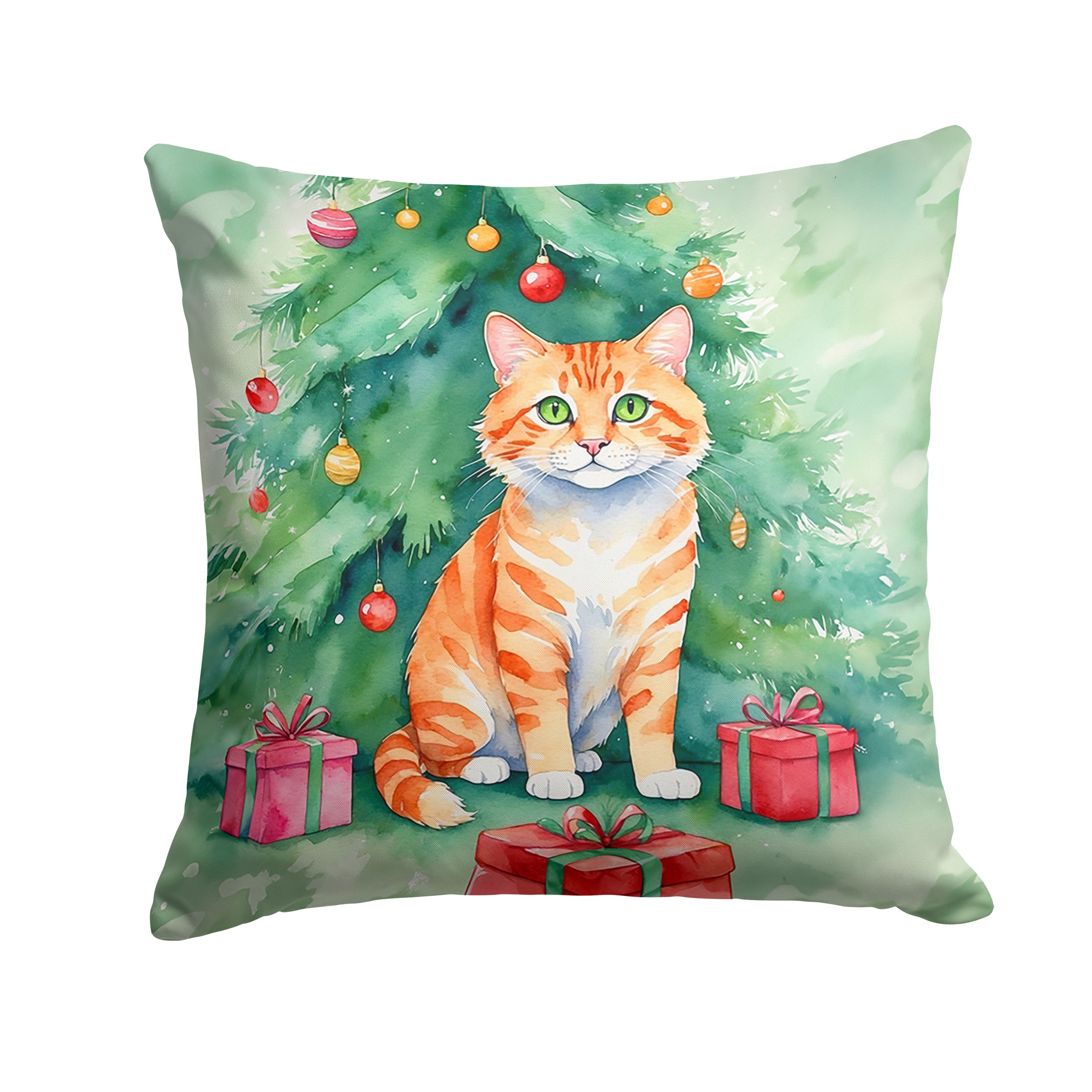 Cheetoh Cat By the Christmas Tree Decorative Throw Pillow 18x18 Indoor Outdoor Accent Cushion, Fabric Cover with Insert for Sofa, Bed, Porch & Living Room