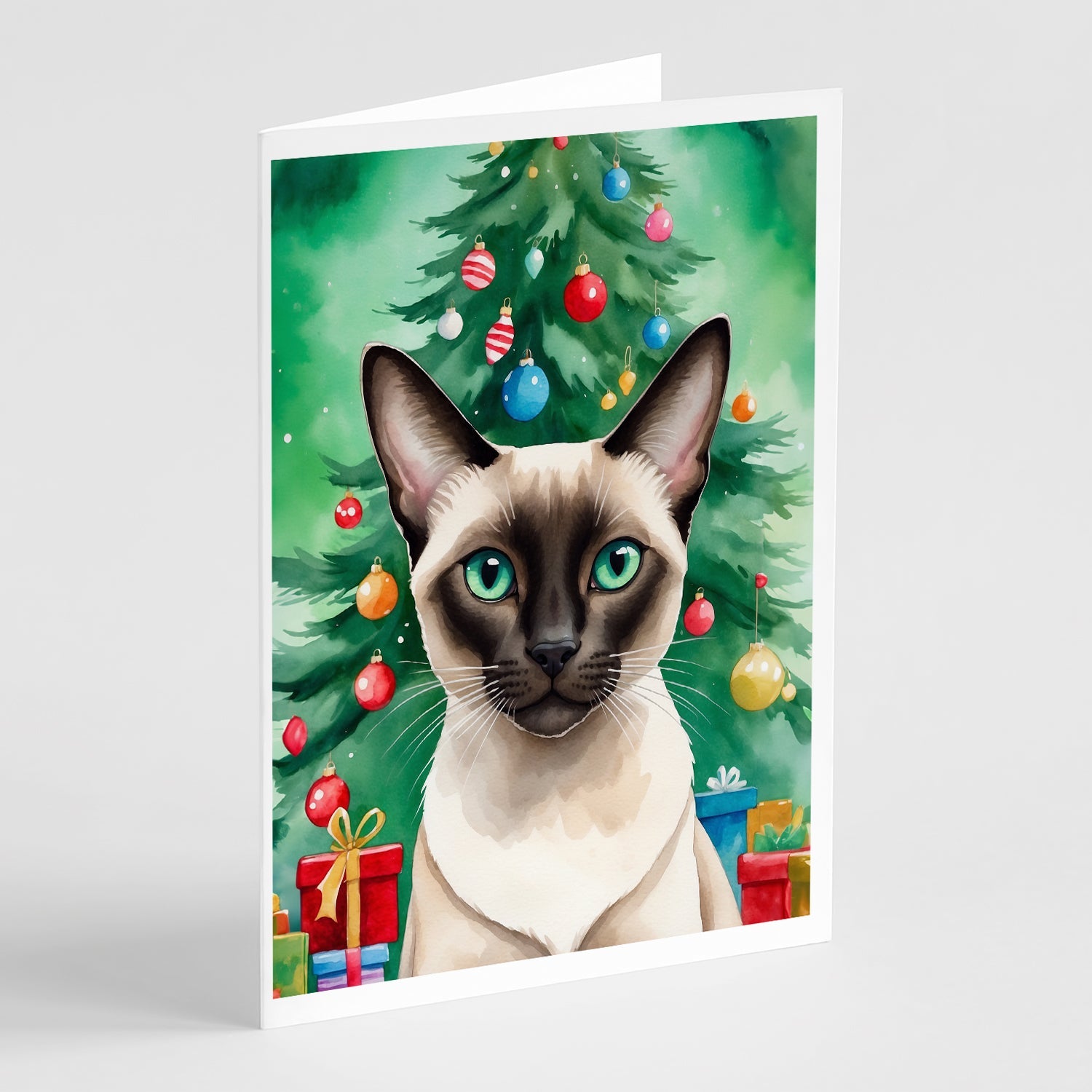 Colorpoint Shorthair Cat By the Christmas Tree Greeting Cards Pack of 8 Blank Cards with Envelopes Whimsical A7 Size 5x7