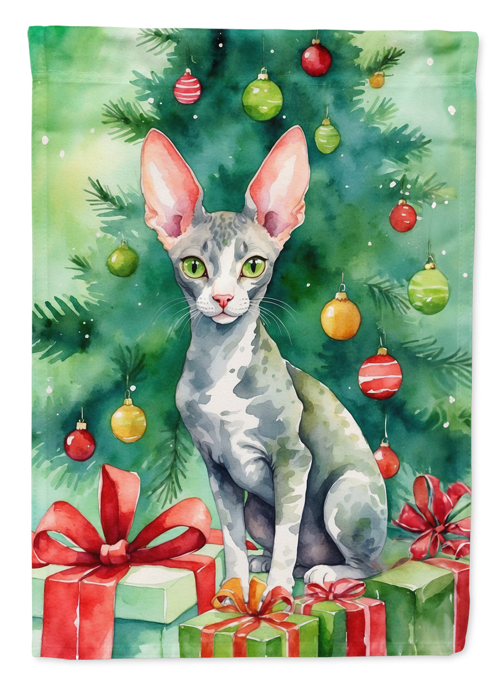 Cornish Rex Cat By the Christmas Tree House Flag 28x40 Porch Sleeve Pole Decorative Outside Yard Banner Artwork Wall Hanging, Polyester