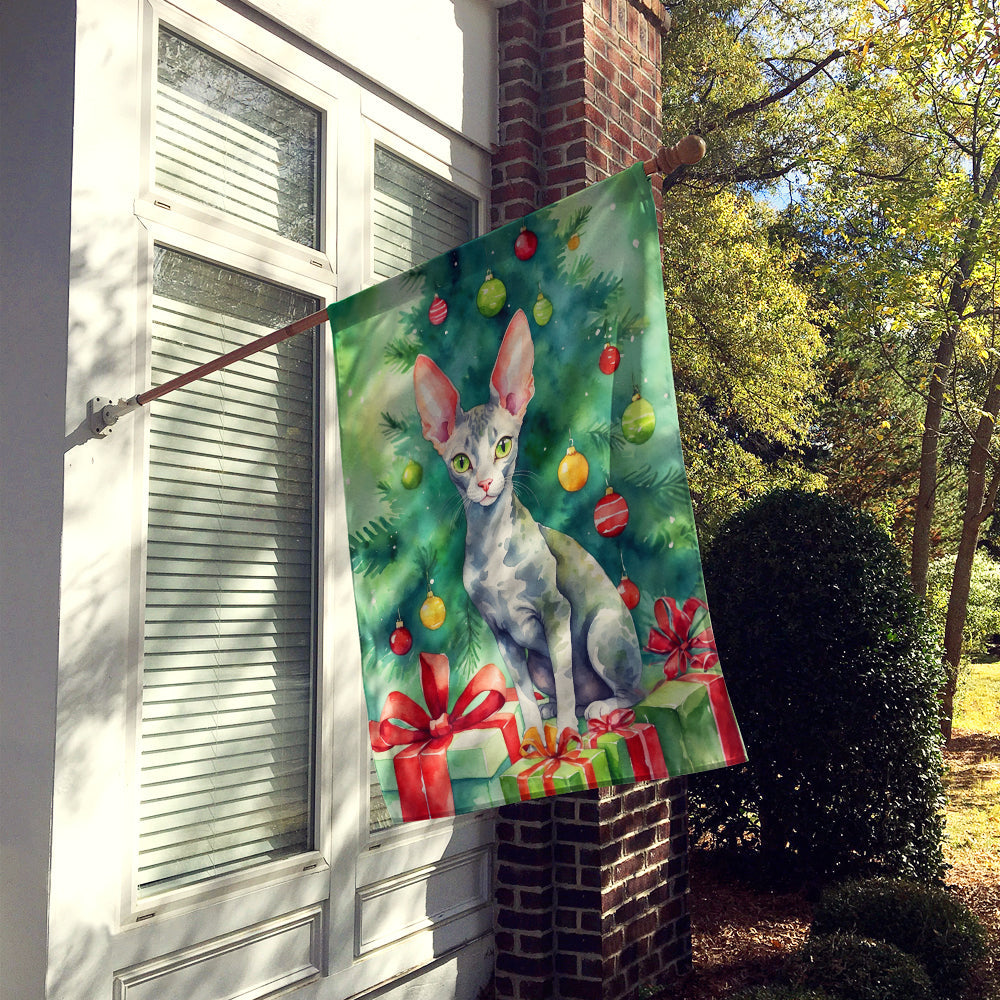 Cornish Rex Cat By the Christmas Tree House Flag 28x40 Porch Sleeve Pole Decorative Outside Yard Banner Artwork Wall Hanging, Polyester