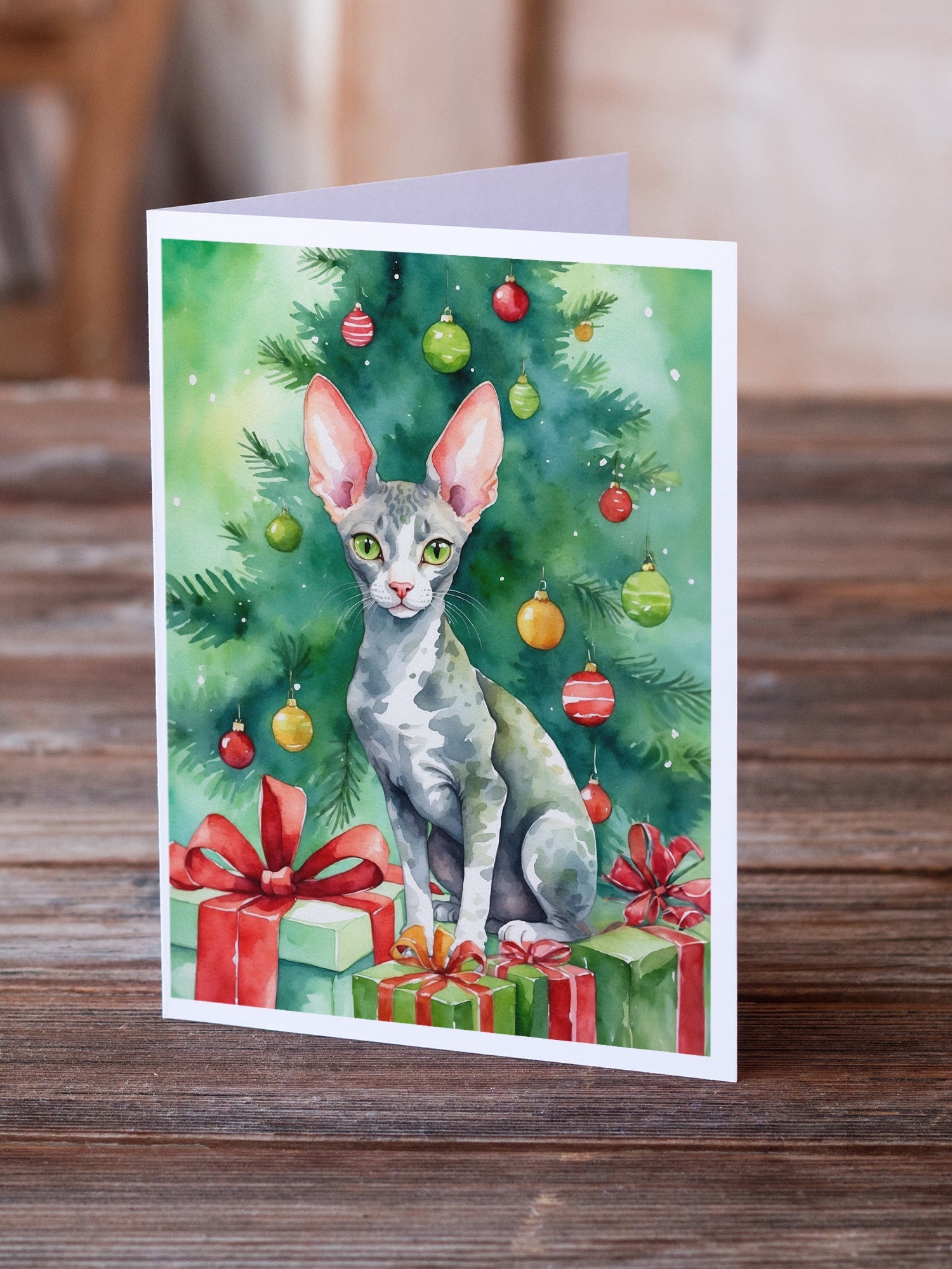 Cornish Rex Cat By the Christmas Tree Greeting Cards Pack of 8 Blank Cards with Envelopes Whimsical A7 Size 5x7
