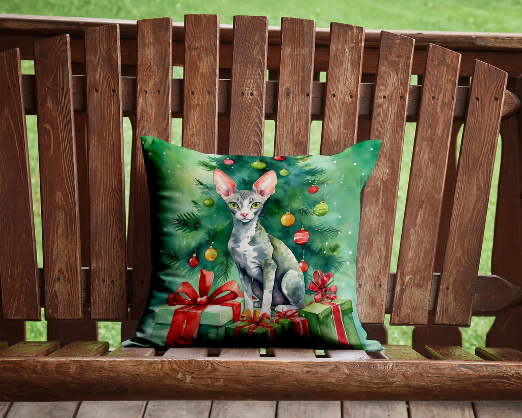 Cornish Rex Cat By the Christmas Tree Decorative Throw Pillow 14x14 Indoor Outdoor Accent Cushion, Fabric Cover with Insert for Sofa, Bed, Porch & Living Room