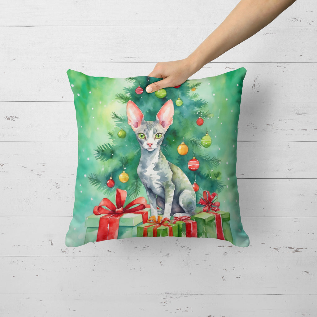Cornish Rex Cat By the Christmas Tree Decorative Throw Pillow 18x18 Indoor Outdoor Accent Cushion, Fabric Cover with Insert for Sofa, Bed, Porch & Living Room