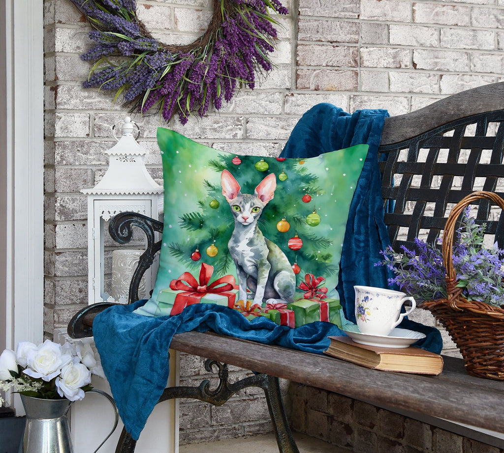 Cornish Rex Cat By the Christmas Tree Decorative Throw Pillow 18x18 Indoor Outdoor Accent Cushion, Fabric Cover with Insert for Sofa, Bed, Porch & Living Room