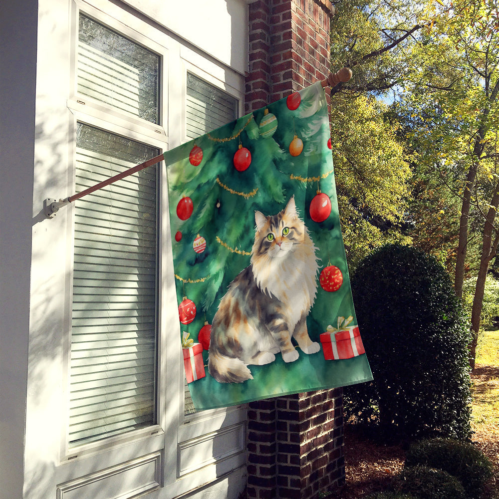 Cymric Cat By the Christmas Tree House Flag 28x40 Porch Sleeve Pole Decorative Outside Yard Banner Artwork Wall Hanging, Polyester