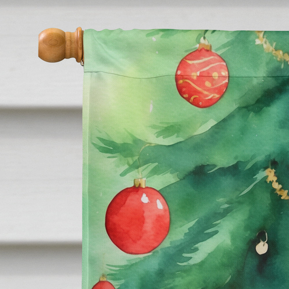 Cymric Cat By the Christmas Tree House Flag 28x40 Porch Sleeve Pole Decorative Outside Yard Banner Artwork Wall Hanging, Polyester