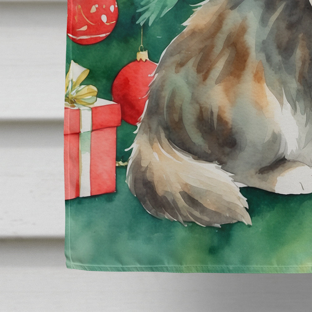 Cymric Cat By the Christmas Tree House Flag 28x40 Porch Sleeve Pole Decorative Outside Yard Banner Artwork Wall Hanging, Polyester