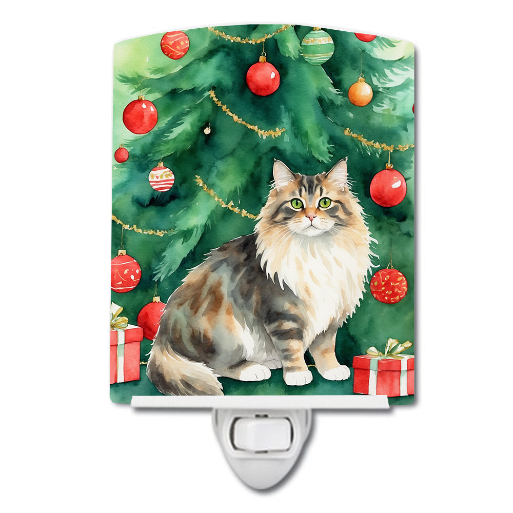 Cymric Cat By the Christmas Tree Ceramic Night Light Compact, UL-Certified, Ideal for Bedroom, Bathroom, Nursery, Hallway, Kitchen, 6x4x3, Multicolor