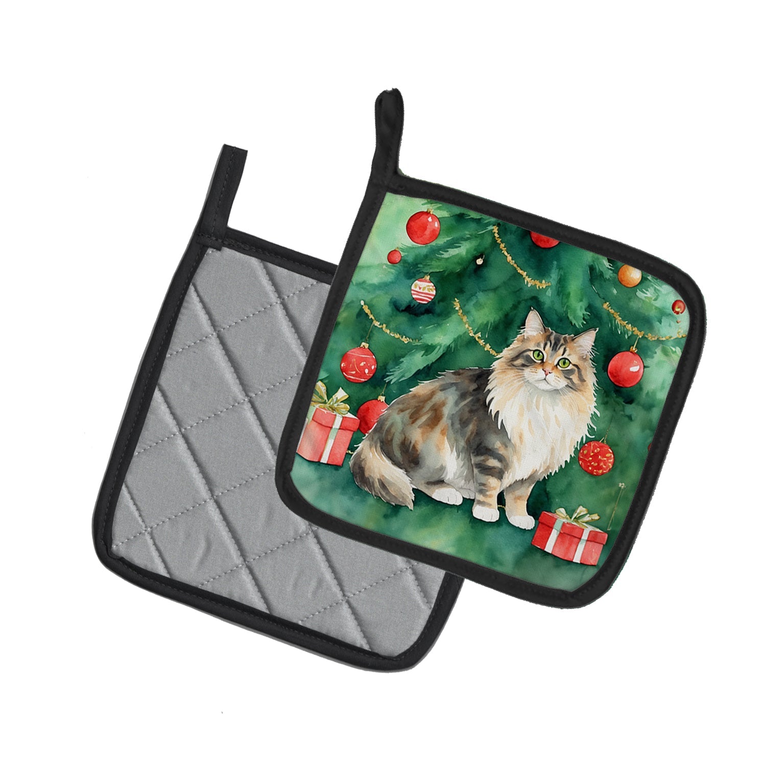 Cymric Cat By the Christmas Tree Pot Holder Set of 2 Heat Resistant Quilted Hot Pads 7.5 x 7.5 Inch, Insulated Kitchen Trivets for Cooking & Baking