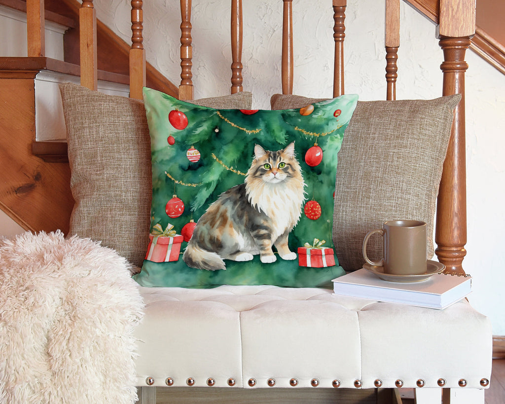 Cymric Cat By the Christmas Tree Decorative Throw Pillow 14x14 Indoor Outdoor Accent Cushion, Fabric Cover with Insert for Sofa, Bed, Porch & Living Room