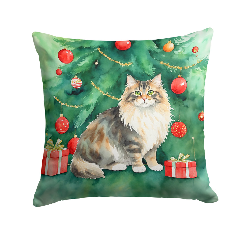 Cymric Cat By the Christmas Tree Decorative Throw Pillow 14x14 Indoor Outdoor Accent Cushion, Fabric Cover with Insert for Sofa, Bed, Porch & Living Room