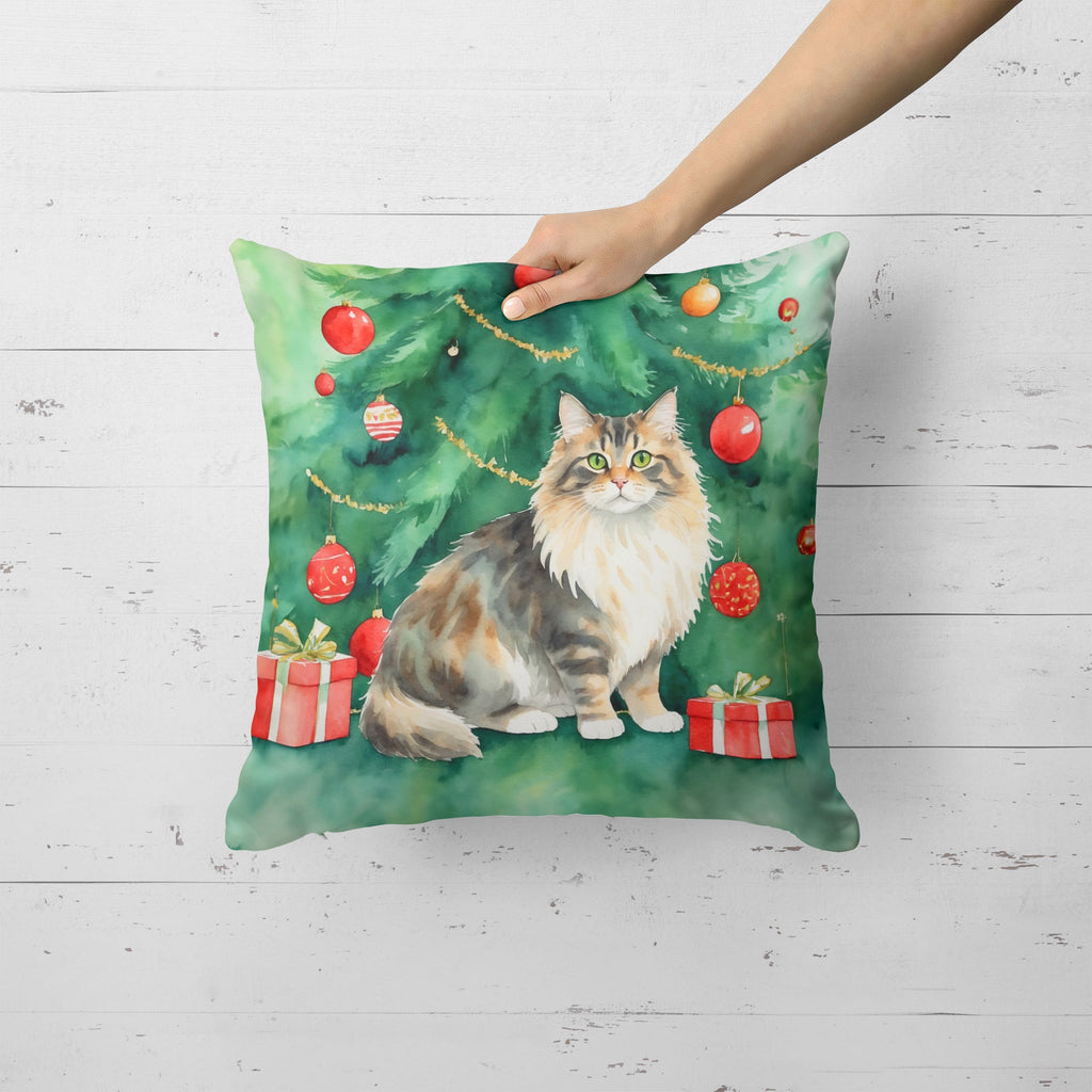 Cymric Cat By the Christmas Tree Decorative Throw Pillow 18x18 Indoor Outdoor Accent Cushion, Fabric Cover with Insert for Sofa, Bed, Porch & Living Room