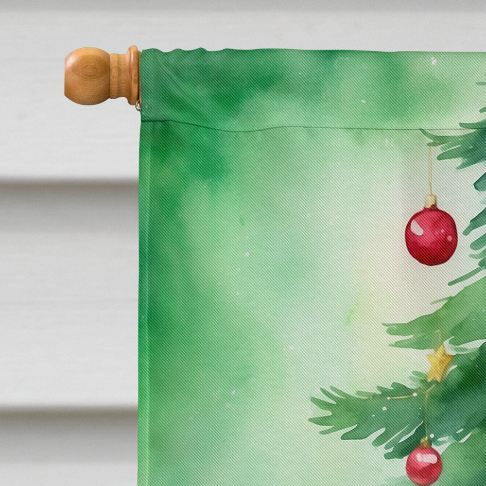 Devon Rex Cat By the Christmas Tree House Flag 28x40 Porch Sleeve Pole Decorative Outside Yard Banner Artwork Wall Hanging, Polyester