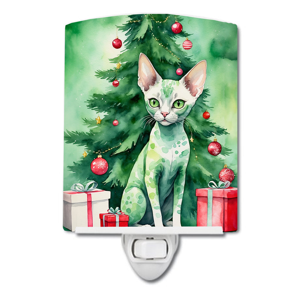 Devon Rex Cat By the Christmas Tree Ceramic Night Light Compact, UL-Certified, Ideal for Bedroom, Bathroom, Nursery, Hallway, Kitchen, 6x4x3, Multicolor