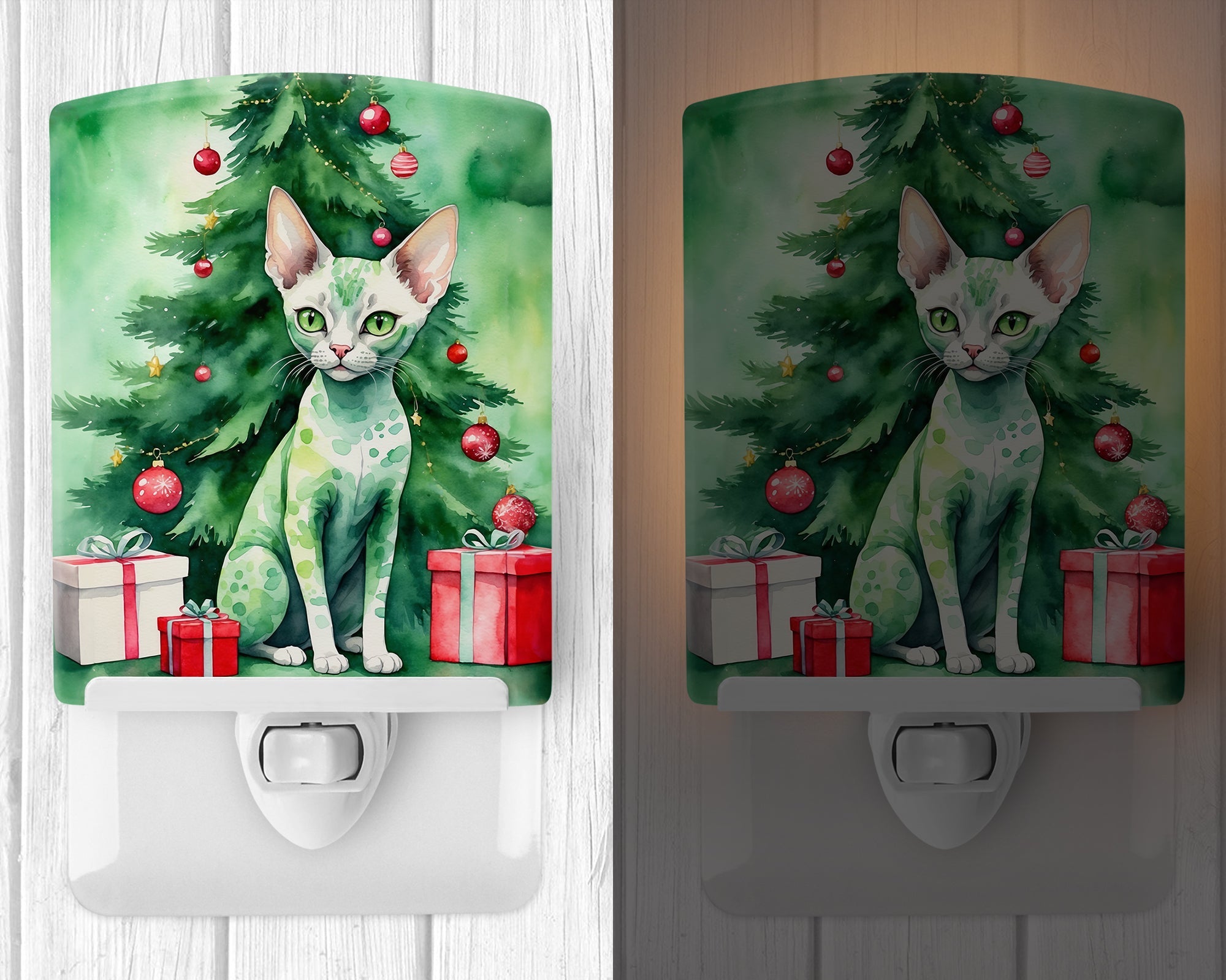 Devon Rex Cat By the Christmas Tree Ceramic Night Light Compact, UL-Certified, Ideal for Bedroom, Bathroom, Nursery, Hallway, Kitchen, 6x4x3, Multicolor