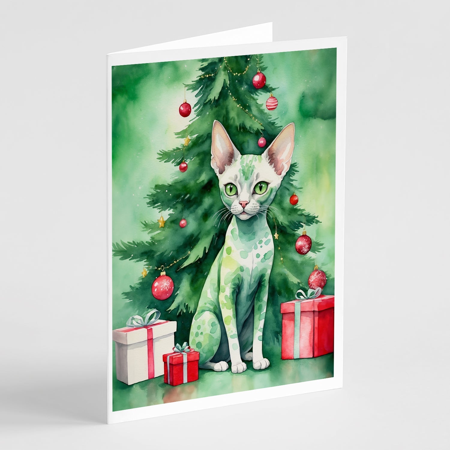Devon Rex Cat By the Christmas Tree Greeting Cards Pack of 8 Blank Cards with Envelopes Whimsical A7 Size 5x7