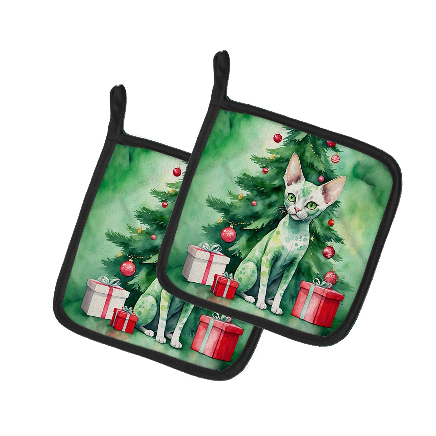 Devon Rex Cat By the Christmas Tree Pot Holder Set of 2 Heat Resistant Quilted Hot Pads 7.5 x 7.5 Inch, Insulated Kitchen Trivets for Cooking & Baking