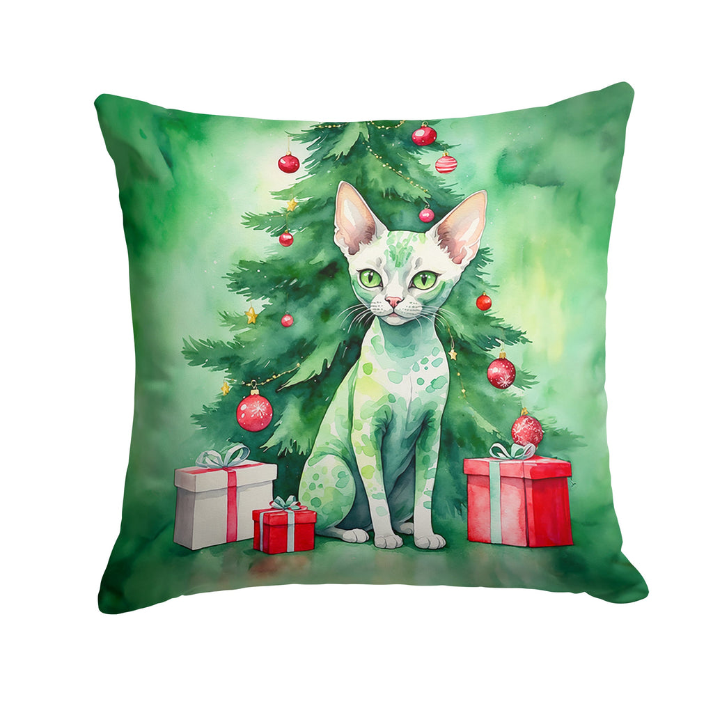 Devon Rex Cat By the Christmas Tree Decorative Throw Pillow 18x18 Indoor Outdoor Accent Cushion, Fabric Cover with Insert for Sofa, Bed, Porch & Living Room