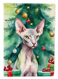 Donskoy Don Sphynx Cat By the Christmas Tree House Flag 28x40 Porch Sleeve Pole Decorative Outside Yard Banner Artwork Wall Hanging, Polyester
