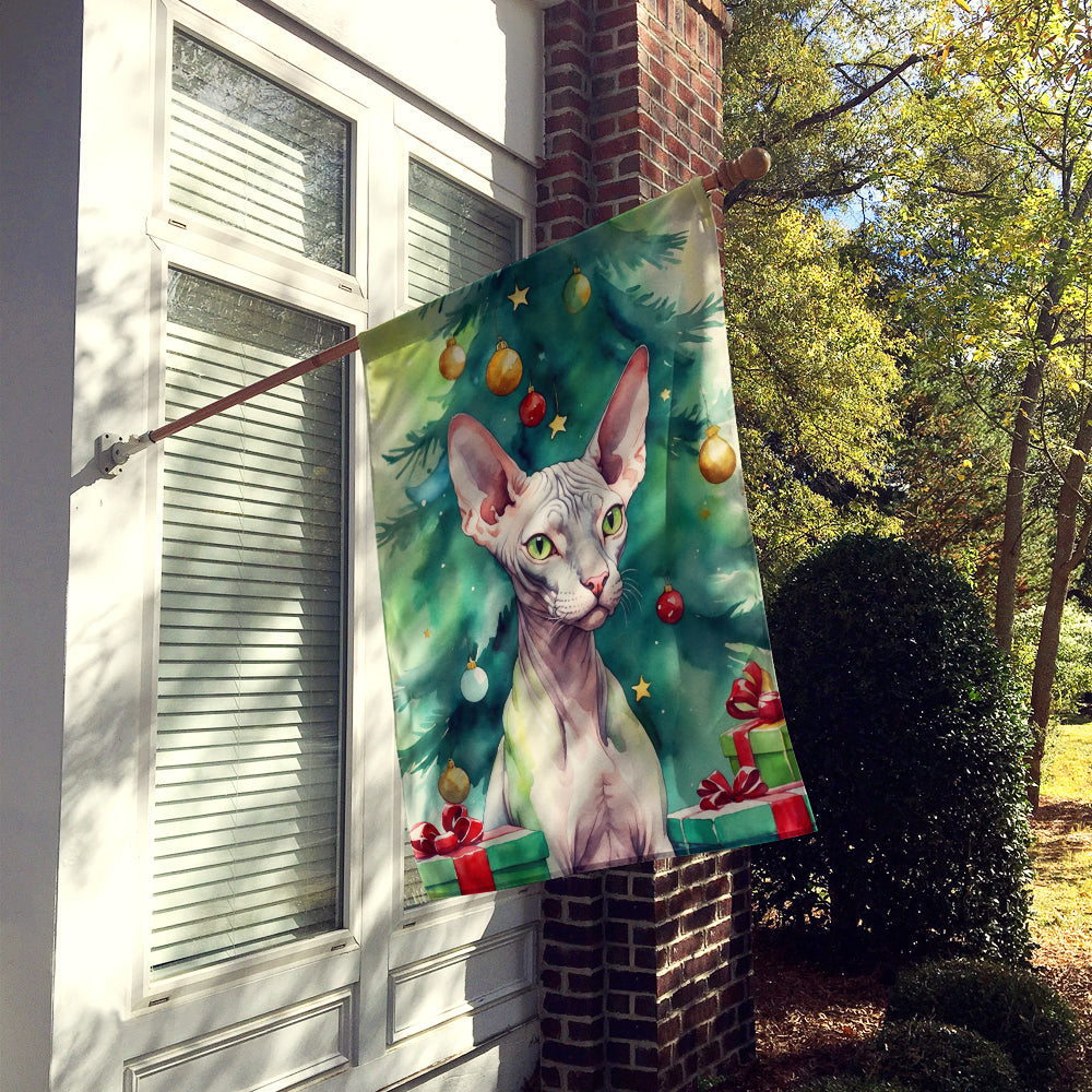Donskoy Don Sphynx Cat By the Christmas Tree House Flag 28x40 Porch Sleeve Pole Decorative Outside Yard Banner Artwork Wall Hanging, Polyester