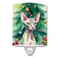 Donskoy Don Sphynx Cat By the Christmas Tree Ceramic Night Light Compact, UL-Certified, Ideal for Bedroom, Bathroom, Nursery, Hallway, Kitchen, 6x4x3, Multicolor