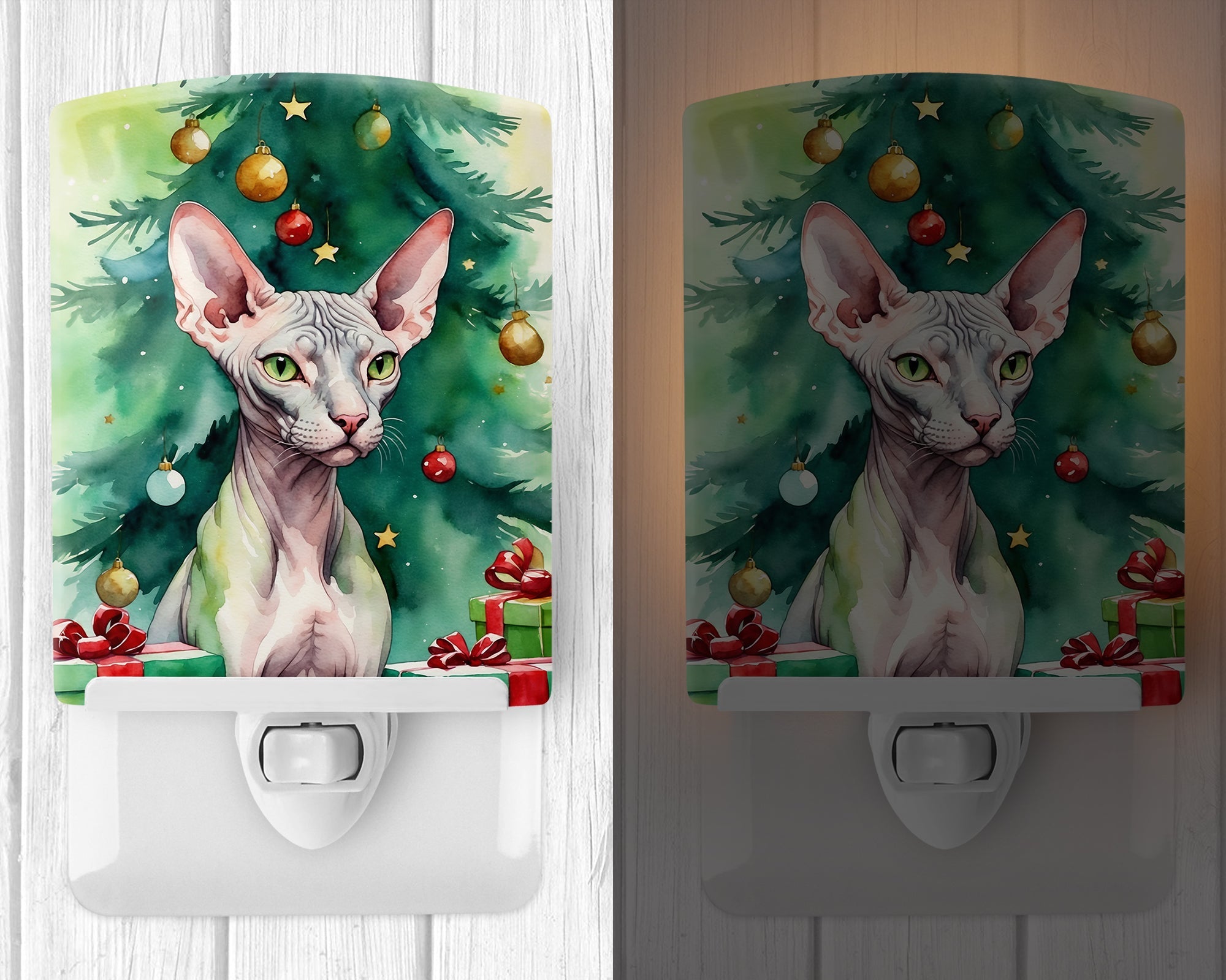 Donskoy Don Sphynx Cat By the Christmas Tree Ceramic Night Light Compact, UL-Certified, Ideal for Bedroom, Bathroom, Nursery, Hallway, Kitchen, 6x4x3, Multicolor