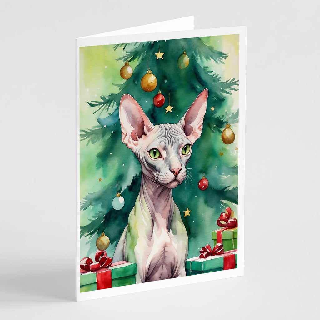 Donskoy Don Sphynx Cat By the Christmas Tree Greeting Cards Pack of 8 Blank Cards with Envelopes Whimsical A7 Size 5x7