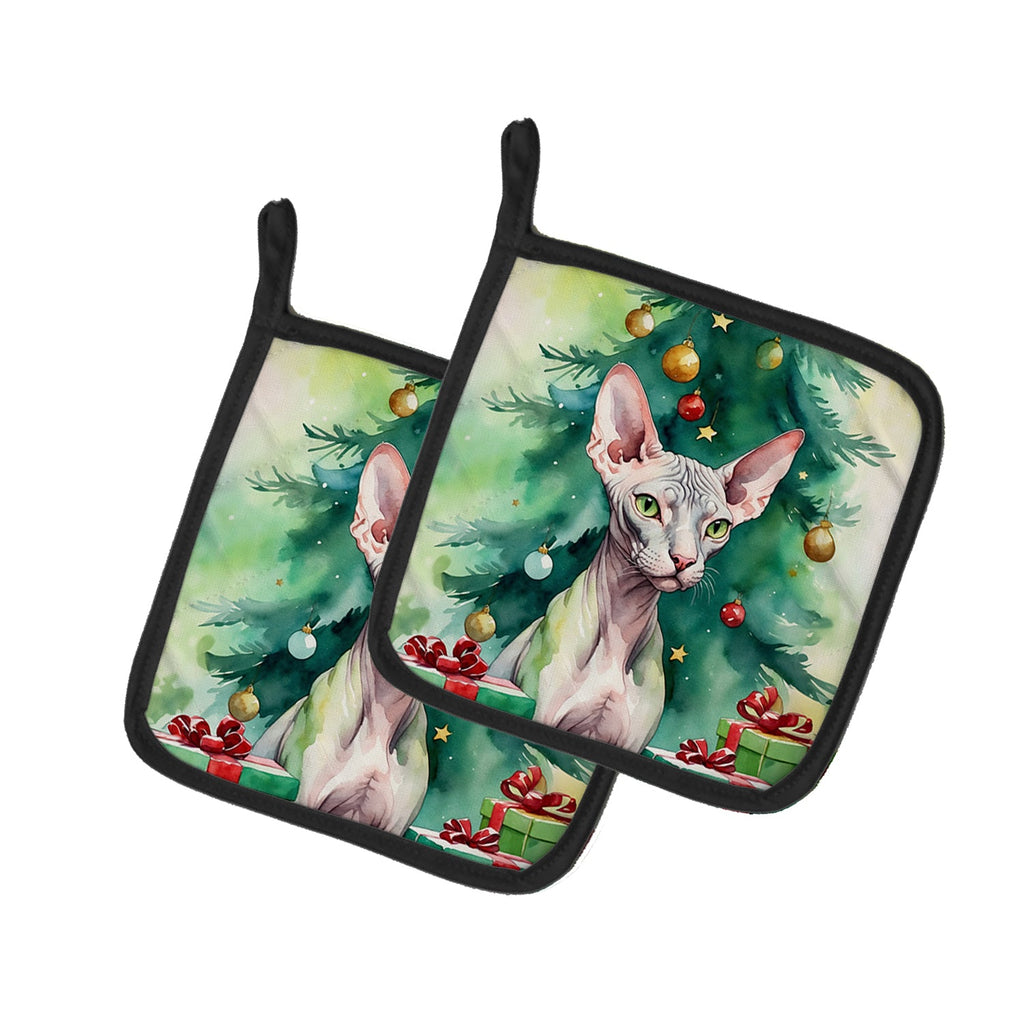 Donskoy Don Sphynx Cat By the Christmas Tree Pot Holder Set of 2 Heat Resistant Quilted Hot Pads 7.5 x 7.5 Inch, Insulated Kitchen Trivets for Cooking & Baking
