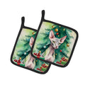 Donskoy Don Sphynx Cat By the Christmas Tree Pot Holder Set of 2 Heat Resistant Quilted Hot Pads 7.5 x 7.5 Inch, Insulated Kitchen Trivets for Cooking & Baking