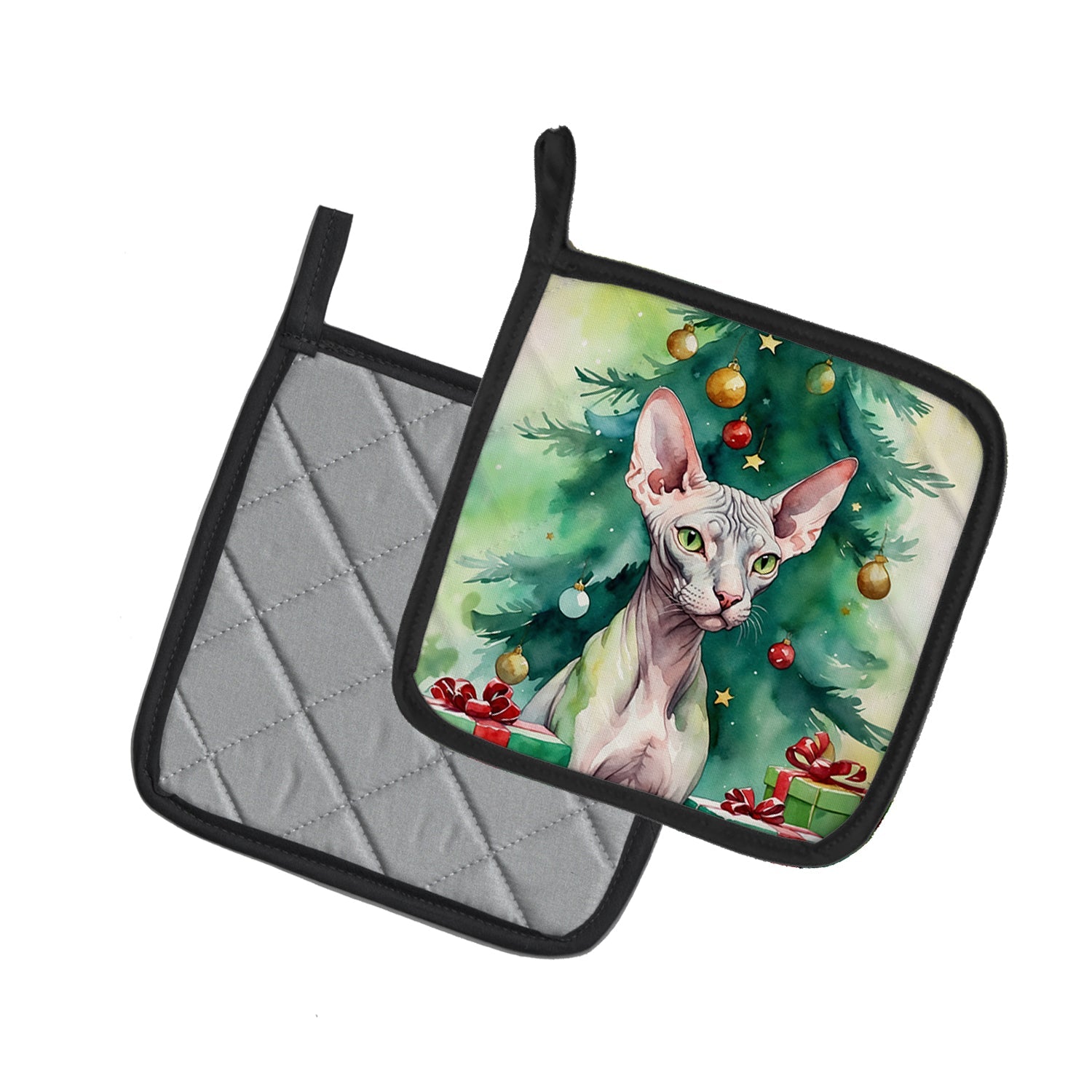 Donskoy Don Sphynx Cat By the Christmas Tree Pot Holder Set of 2 Heat Resistant Quilted Hot Pads 7.5 x 7.5 Inch, Insulated Kitchen Trivets for Cooking & Baking