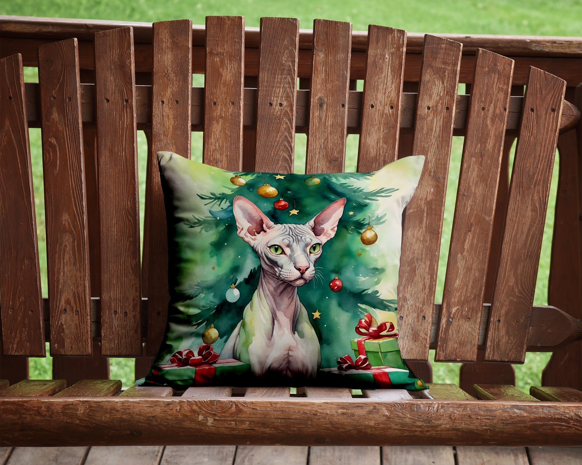 Donskoy Don Sphynx Cat By the Christmas Tree Decorative Throw Pillow 14x14 Indoor Outdoor Accent Cushion, Fabric Cover with Insert for Sofa, Bed, Porch & Living Room
