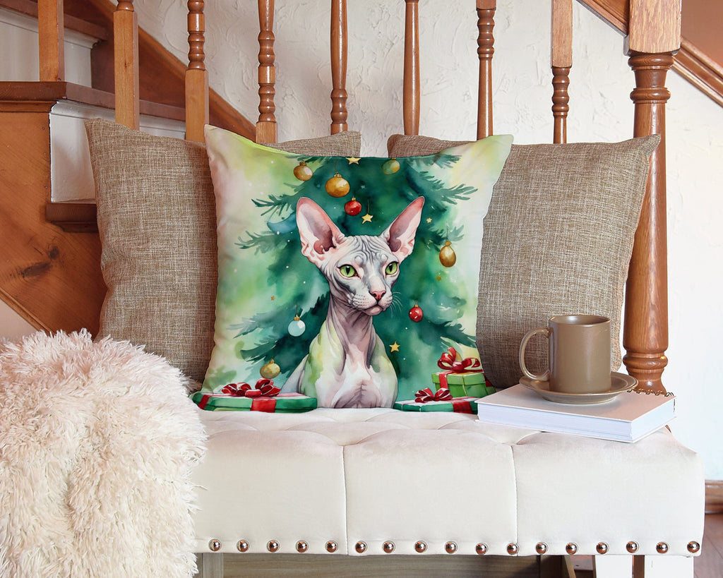 Donskoy Don Sphynx Cat By the Christmas Tree Decorative Throw Pillow 14x14 Indoor Outdoor Accent Cushion, Fabric Cover with Insert for Sofa, Bed, Porch & Living Room