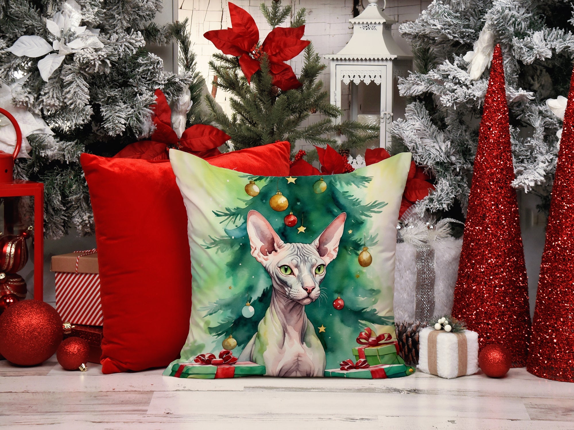 Donskoy Don Sphynx Cat By the Christmas Tree Decorative Throw Pillow 18x18 Indoor Outdoor Accent Cushion, Fabric Cover with Insert for Sofa, Bed, Porch & Living Room