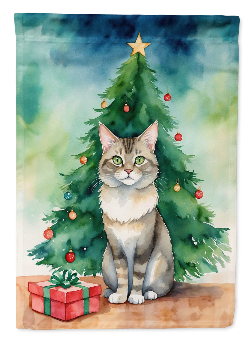 Dwelf Cat By the Christmas Tree House Flag 28x40 Porch Sleeve Pole Decorative Outside Yard Banner Artwork Wall Hanging, Polyester