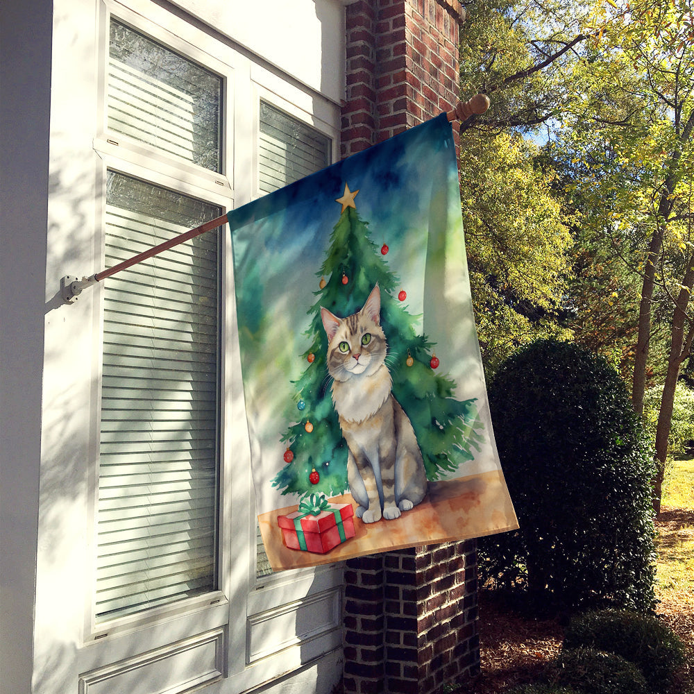 Dwelf Cat By the Christmas Tree House Flag 28x40 Porch Sleeve Pole Decorative Outside Yard Banner Artwork Wall Hanging, Polyester
