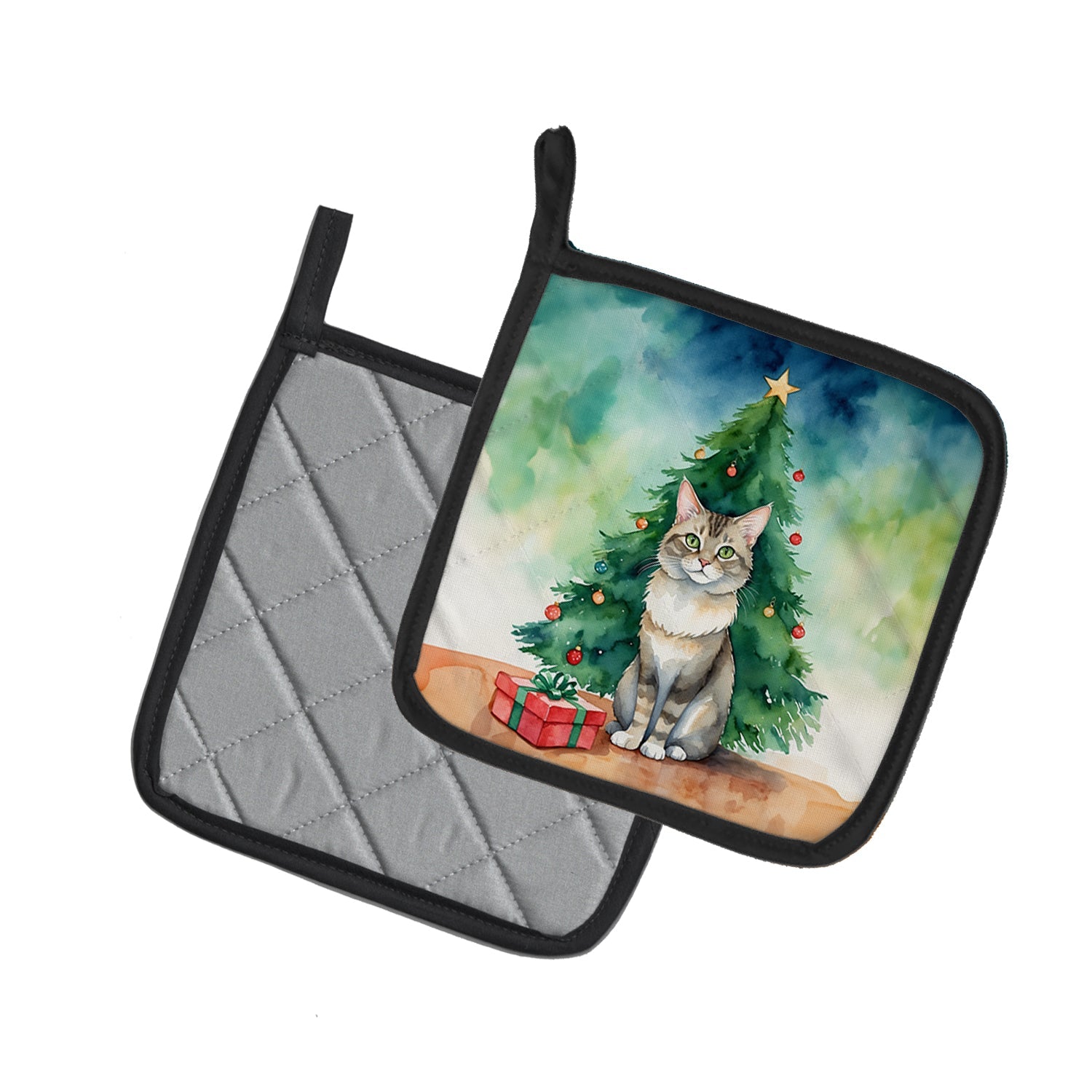 Dwelf Cat By the Christmas Tree Pot Holder Set of 2 Heat Resistant Quilted Hot Pads 7.5 x 7.5 Inch, Insulated Kitchen Trivets for Cooking & Baking