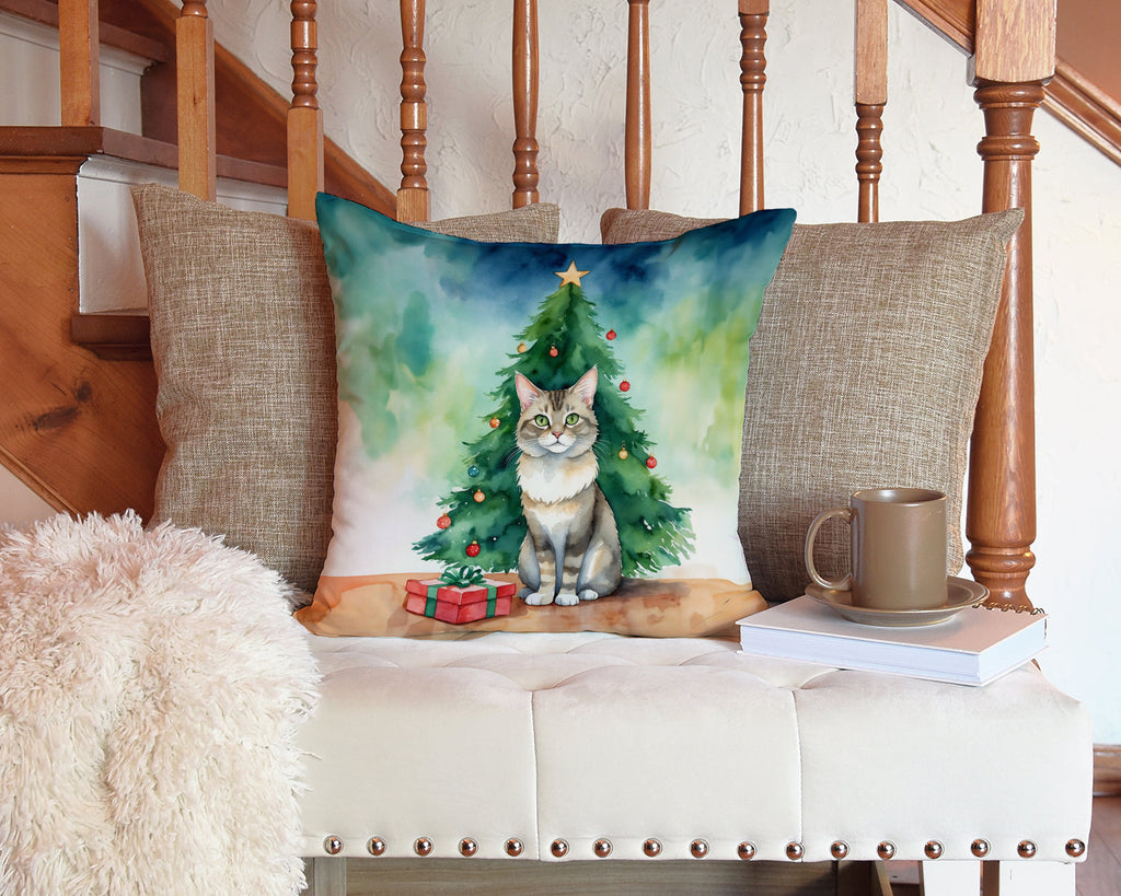 Dwelf Cat By the Christmas Tree Decorative Throw Pillow 14x14 Indoor Outdoor Accent Cushion, Fabric Cover with Insert for Sofa, Bed, Porch & Living Room