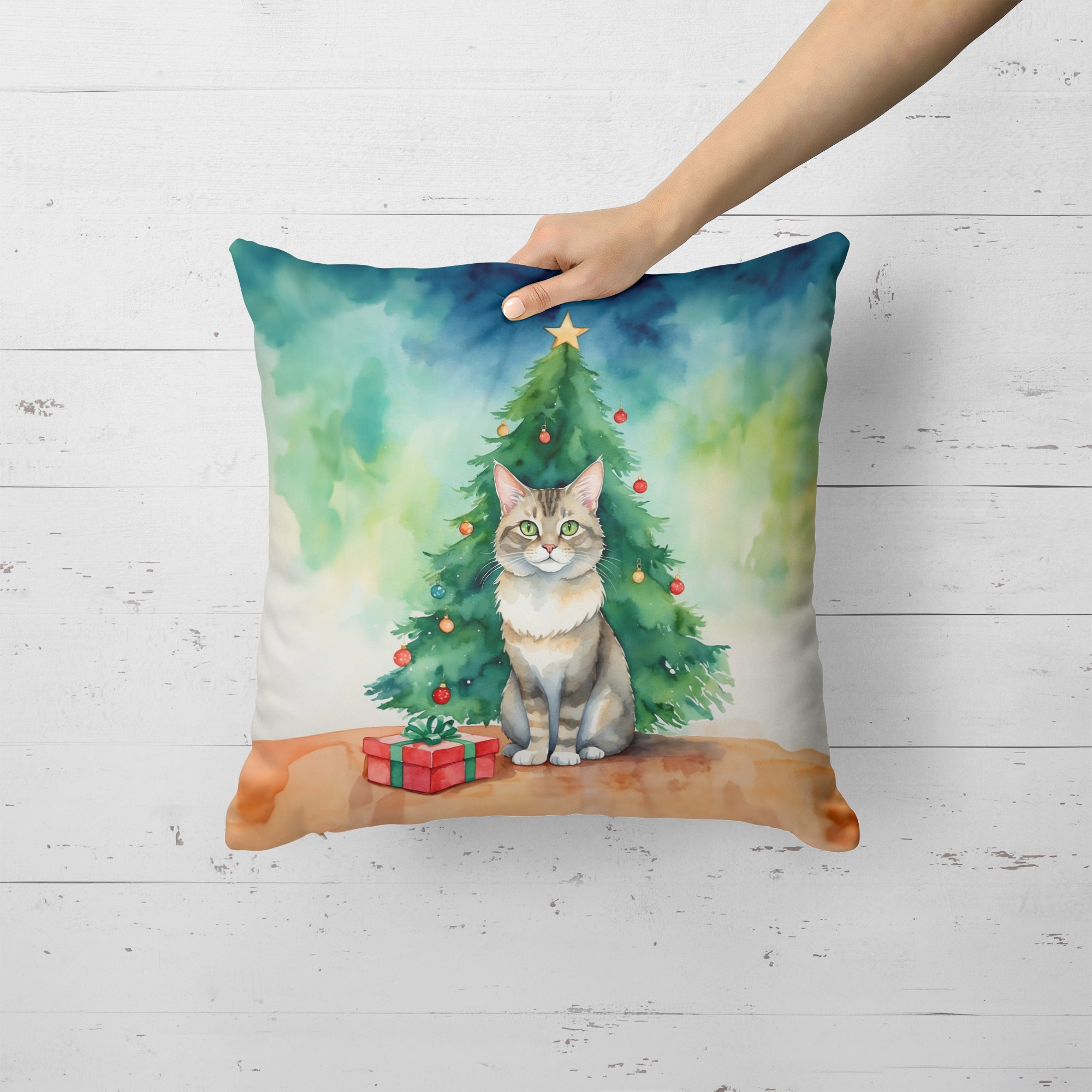 Dwelf Cat By the Christmas Tree Decorative Throw Pillow 18x18 Indoor Outdoor Accent Cushion, Fabric Cover with Insert for Sofa, Bed, Porch & Living Room