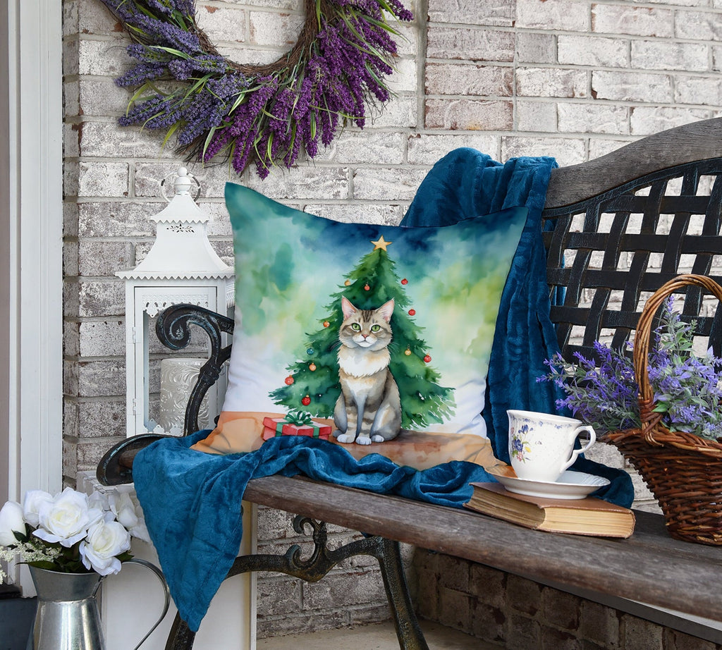 Dwelf Cat By the Christmas Tree Decorative Throw Pillow 18x18 Indoor Outdoor Accent Cushion, Fabric Cover with Insert for Sofa, Bed, Porch & Living Room