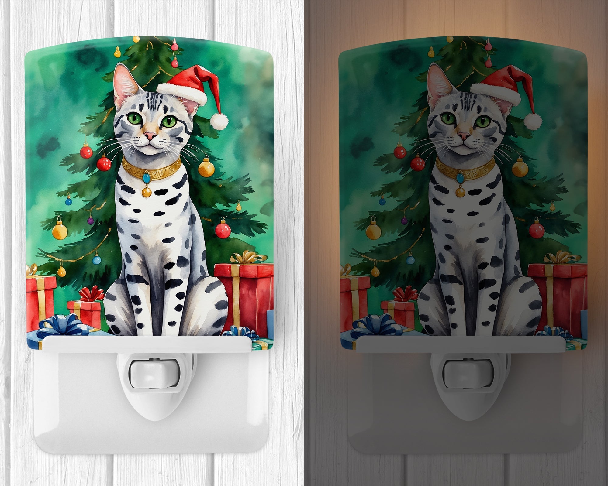Egyptian Mau Cat By the Christmas Tree Ceramic Night Light Compact, UL-Certified, Ideal for Bedroom, Bathroom, Nursery, Hallway, Kitchen, 6x4x3, Multicolor